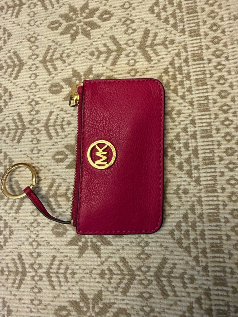 Michael Kors Fuchsia Pebbled Leather Zip Card Holder with Gold Keyring
